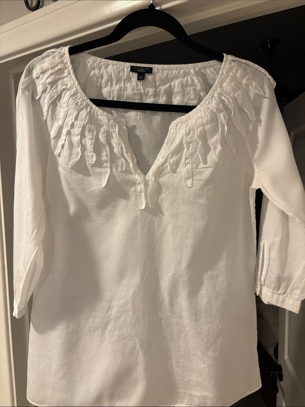 Talbots White V-Neck Tunic with Fringe Embroidery Size XS